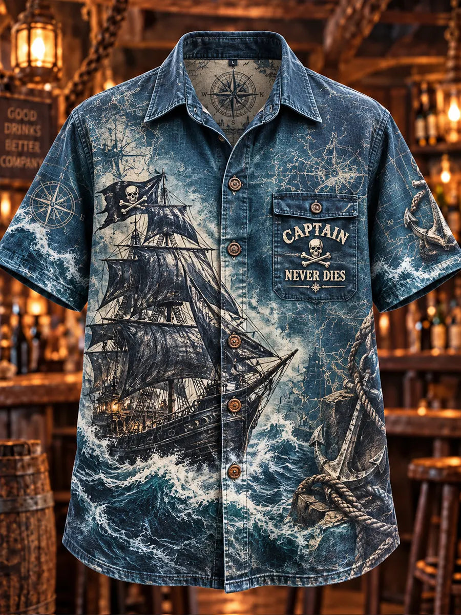 🏴‍☠️ 💀"Captain Never Dies" Vintage Pirate Skull Denim Shirt⚓