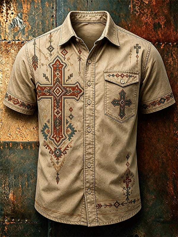 Men's Southwest Aztec Cross Embroidery Vintage Western Short Sleeve Shirt