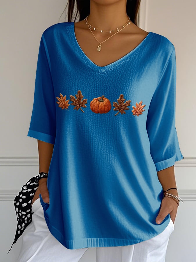 Women's Casual Autumn Pumpkin Stripe Bubble Wrinkle Three-quarter Sleeve T-shirt