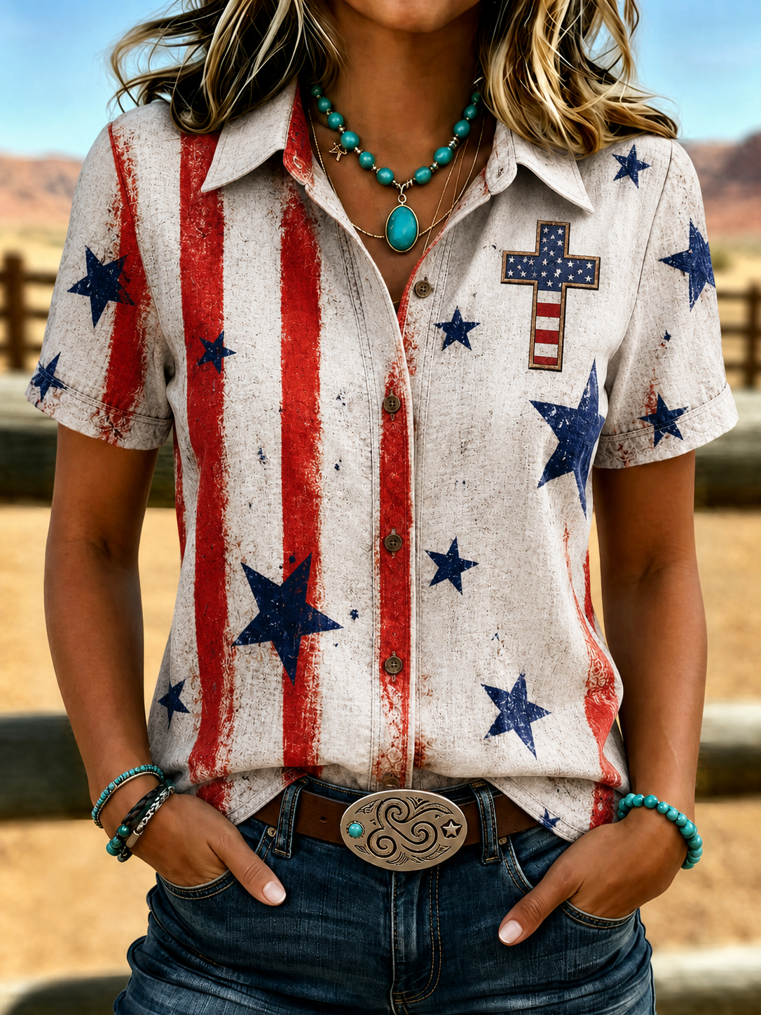 Women'S Retro Cross American Flag Printed Short Sleeved Shirt