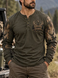 Men’s Retro Hunting Culture Print Casual Long Sleeve Henley Shirt