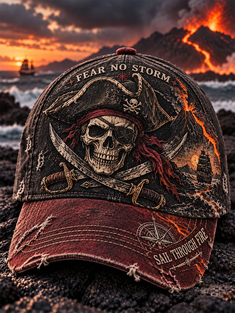 Fear No Storm Pirate Skull & Volcano Nautical Baseball Cap
