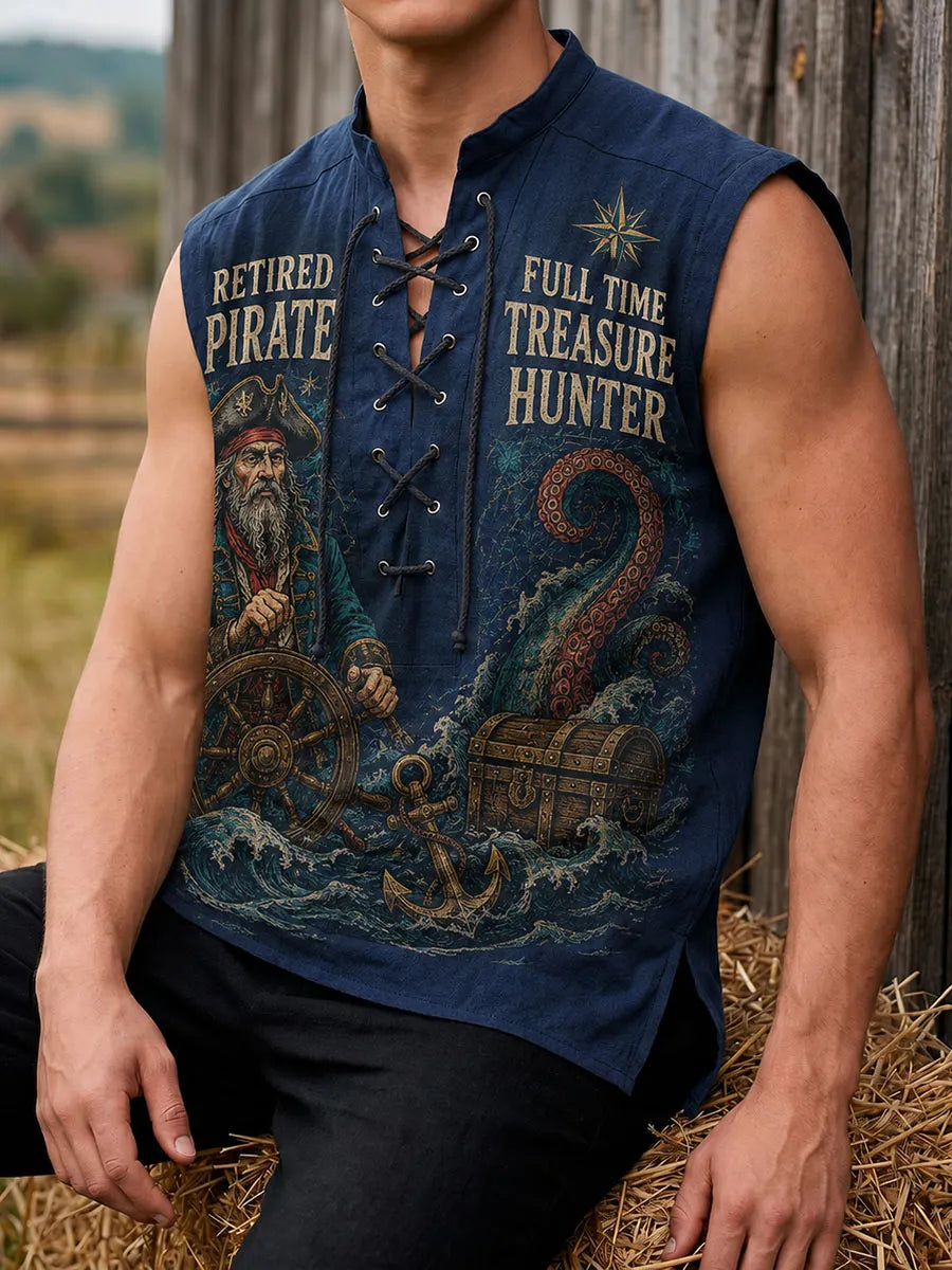 Retired Pirate “Full-Time Treasure Hunter” Deep-Sea Kraken Vintage Lace-Up Sleeveless Shirt
