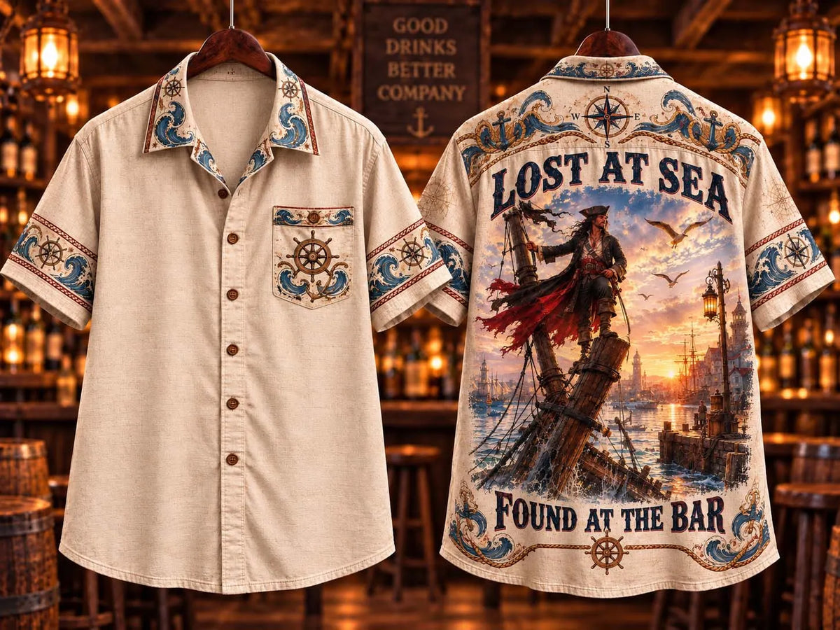 Lost At Sea Found At The Bar Pirate Captain Sunset Hawaiian Shirt ⚓️