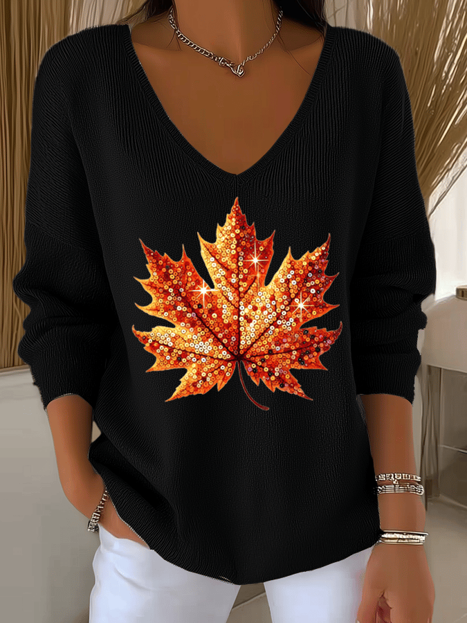 Women's Sequined Maple Leaf Printed Casual Striped Fabric Long Sleeve T-Shirt