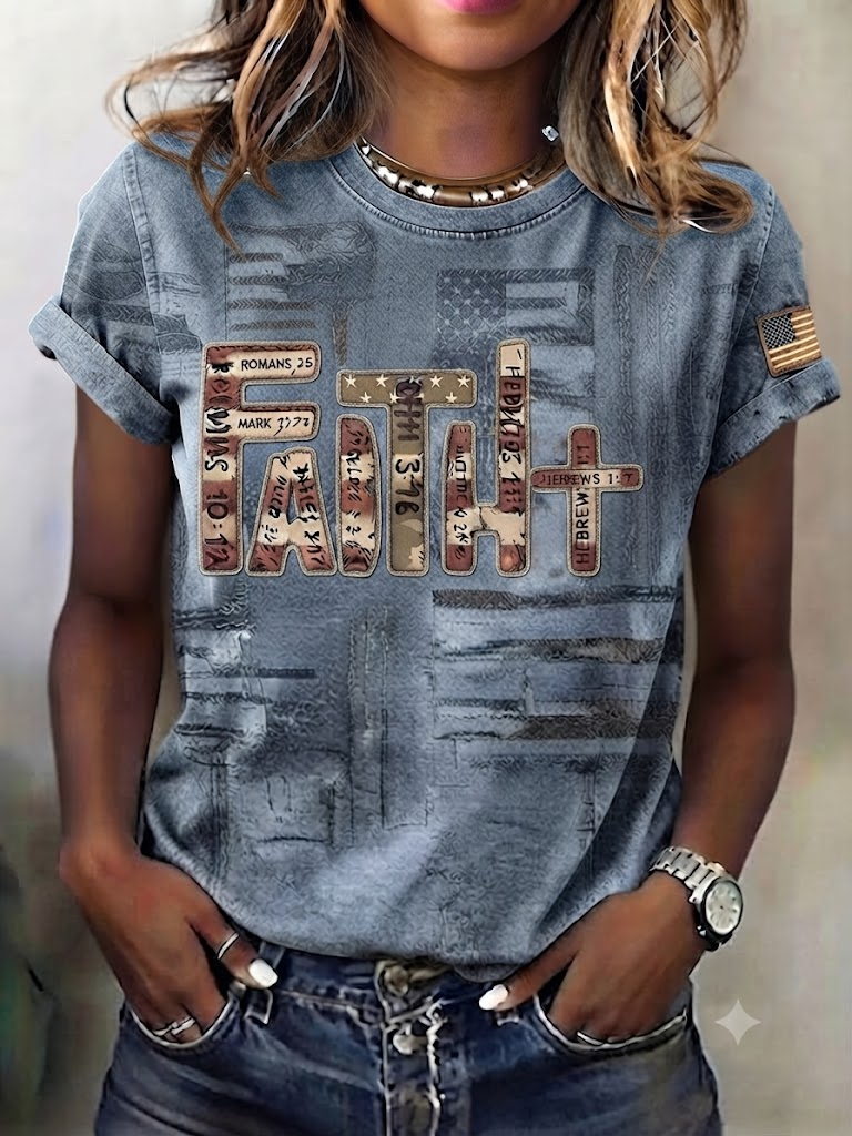 Ladies' Casual Round Neck American 250Th Anniversary Cross Print T-Shirt