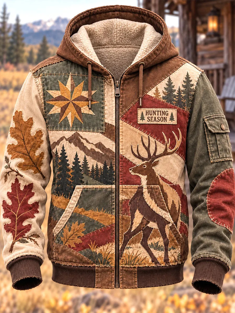 Men's Vintage Deer Maple Leaf Patchwork Stitch Detail Zip-Up Hoodie