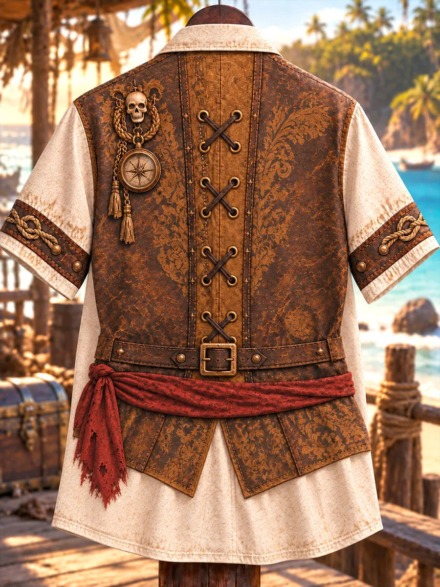 Men’s Vintage Pirate Vest-Effect Print Short-Sleeve Button-Up Shirt