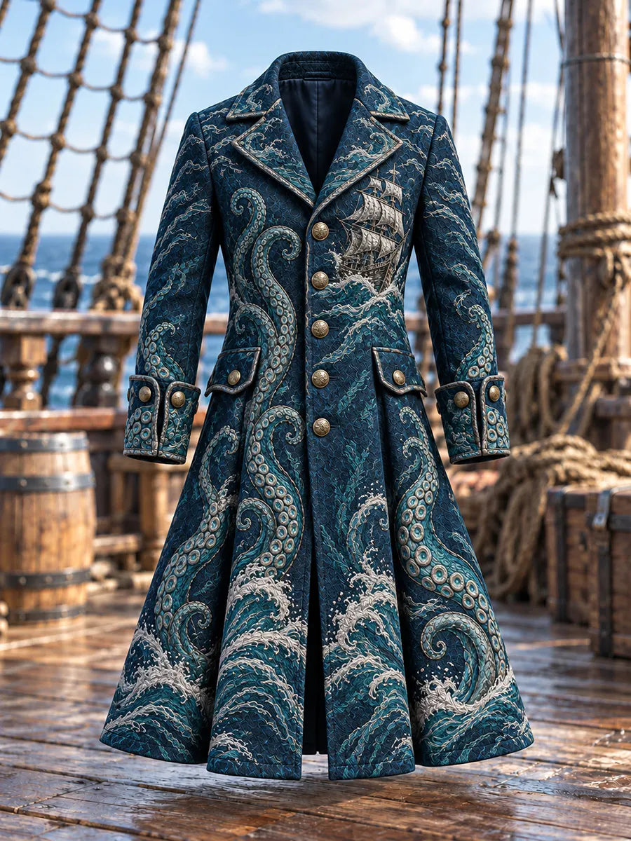 🌊 Men's Kraken & Ghost Ship Pirate Trench Coat