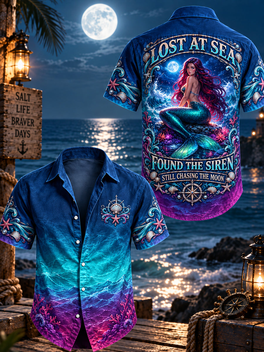 Men’s Vintage “LOST AT SEA · FOUND THE SIREN” Printed Short Sleeve Shirt