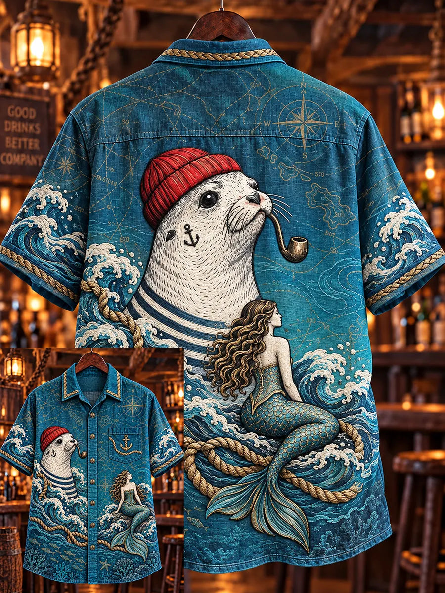🌊"Mermaid & Sailor Seal" Nautical Fantasy Denim Shirt🦭