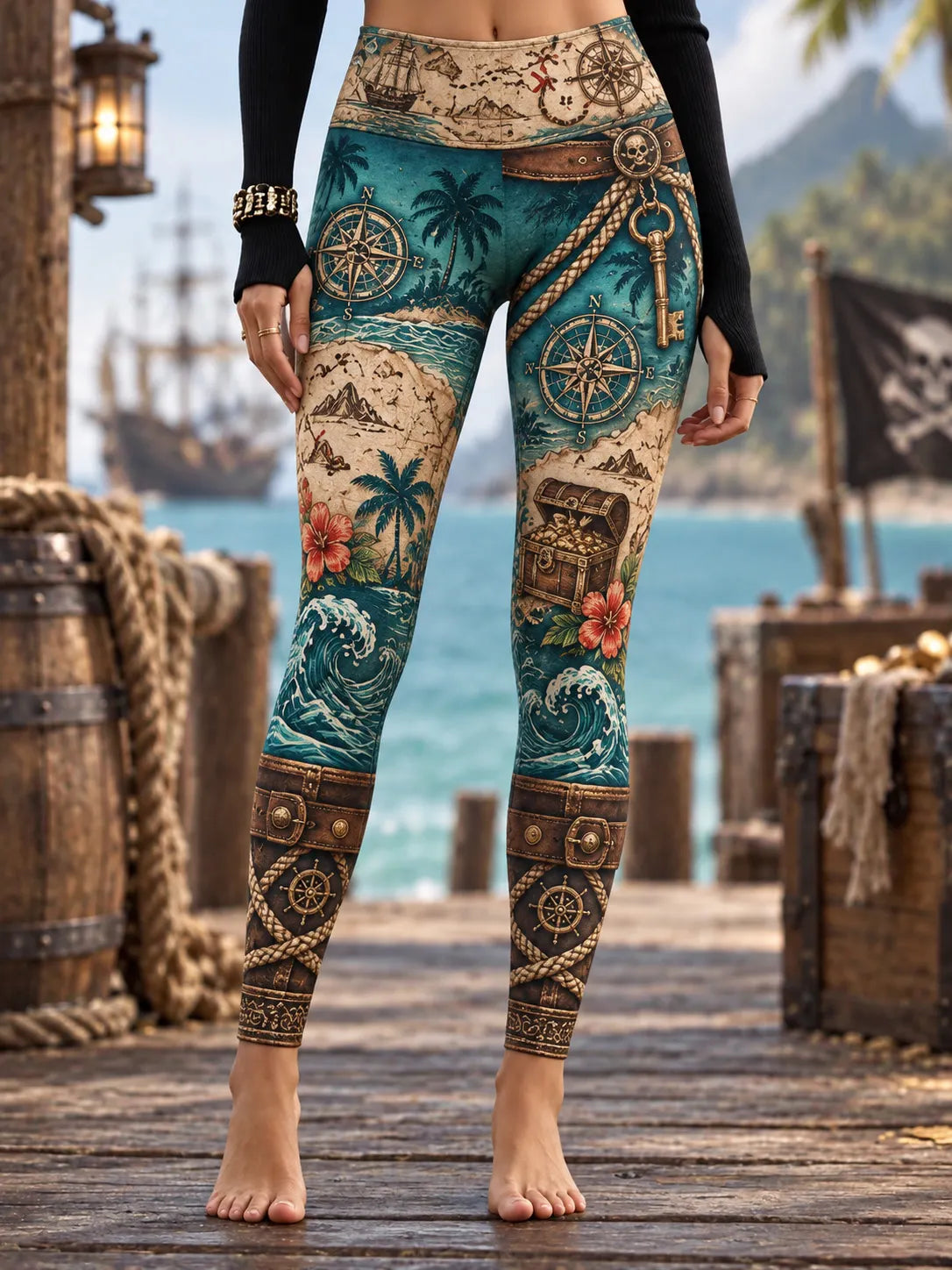 Women's Vintage-Style Pirate Art Print Casual Leggings
