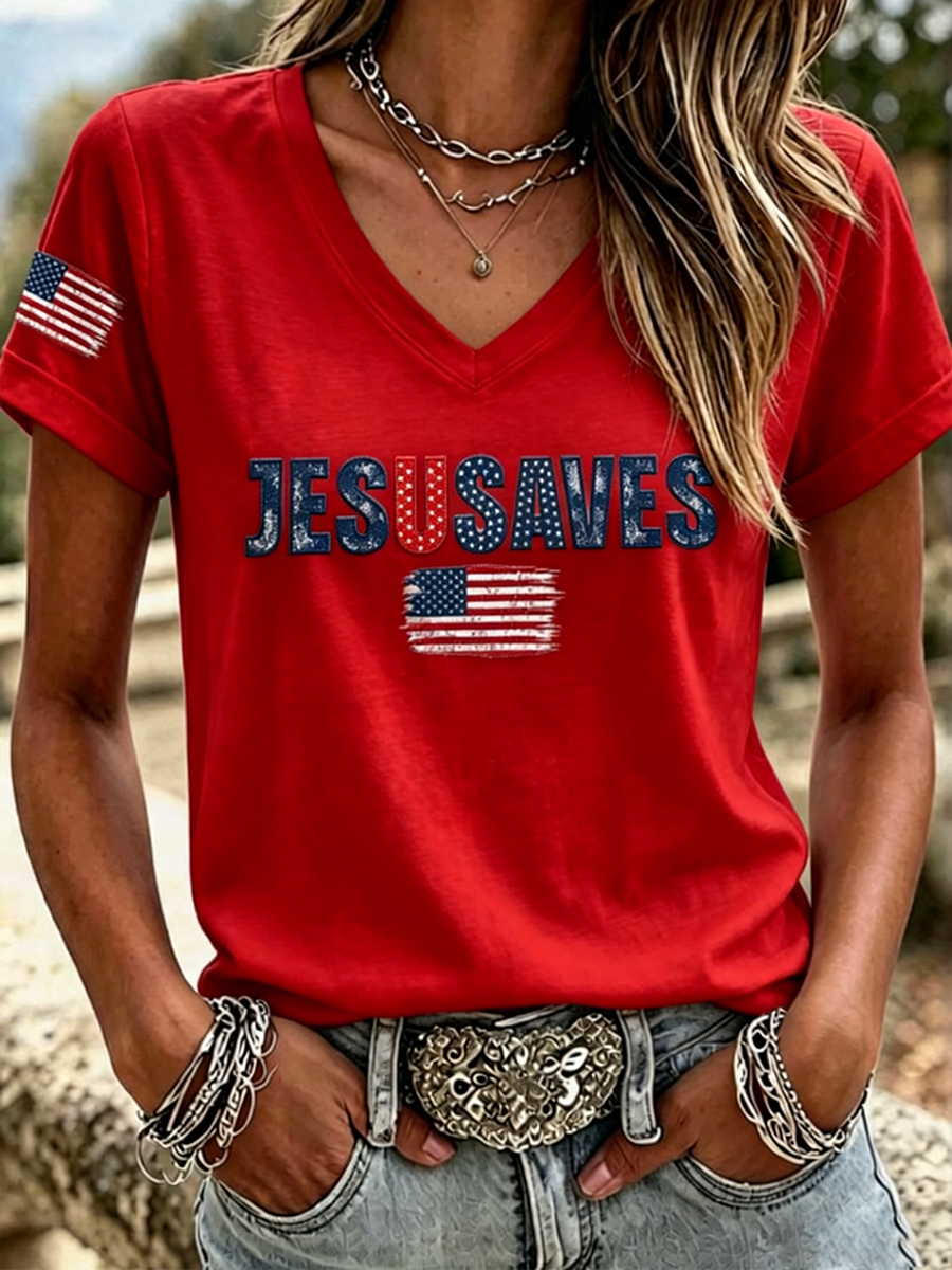 Women's Minimalist American Religious V-Neck T-Shirt