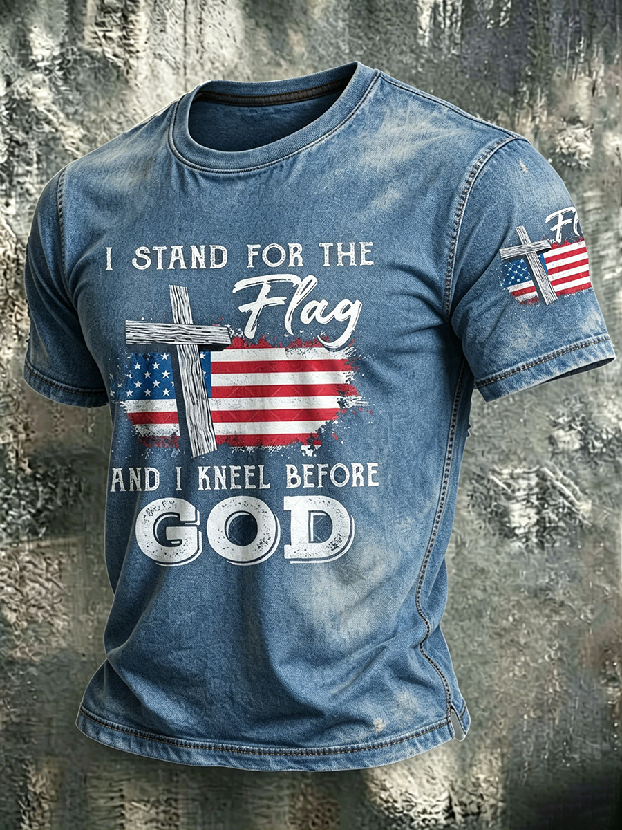 American Faith Cross Slogan Commemorative Print Round Neck T-Shirt