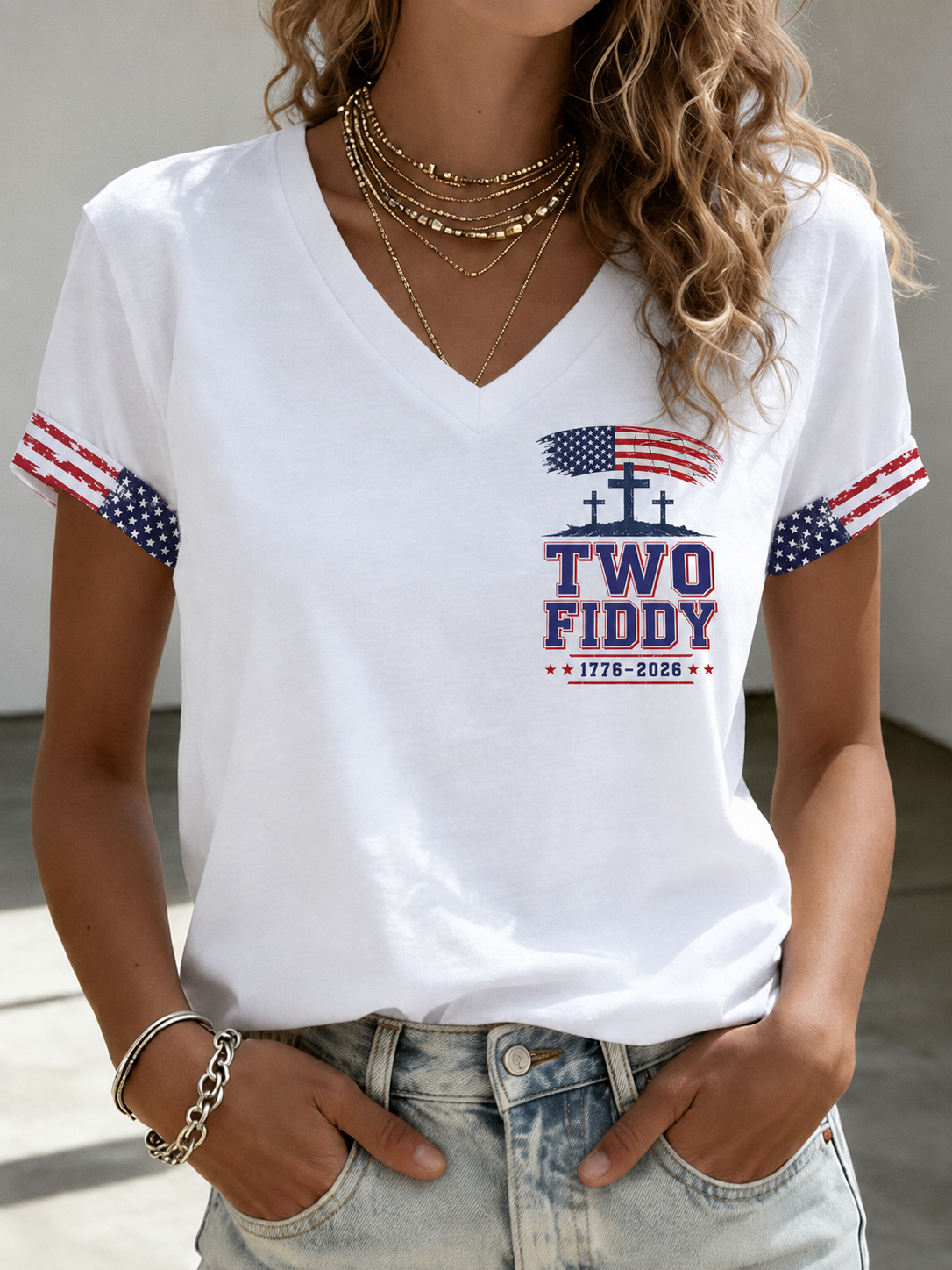 Women's Two Fiddy 1776-2026 Christian Cross Distressed USA Flag Cuff Star Strip Print V Neck T-Shirt