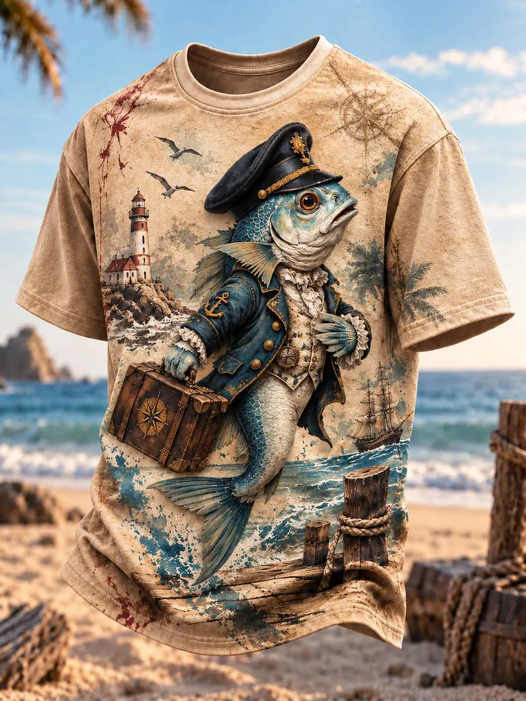 ⚓ Nautical Sea Captain Fish with Compass & Lighthouse Vintage Graphic T-Shirt