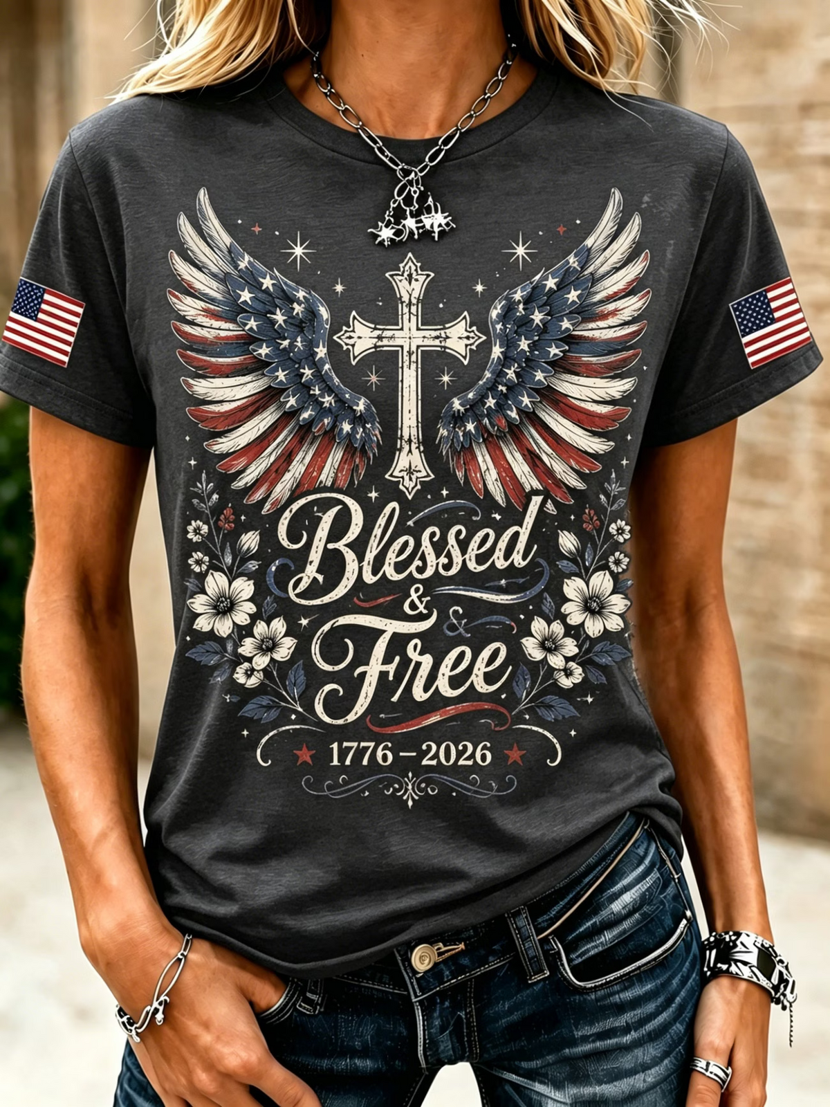 American Flag Faith Cross Commemorative Print Round Neck T-Shirt