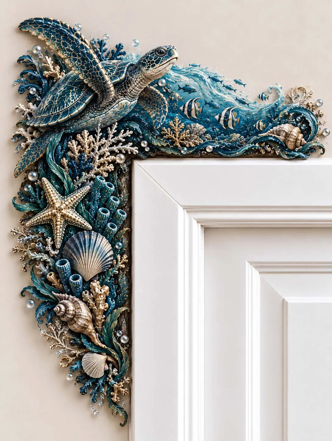 🐢 🌊 Sea Turtle Coral Reef Door Corner 🐠 Starfish & Seashells Ocean Life Art