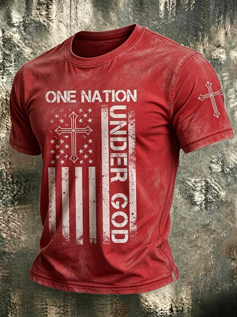 American Faith Cross Slogan Commemorative Print Round Neck T-Shirt