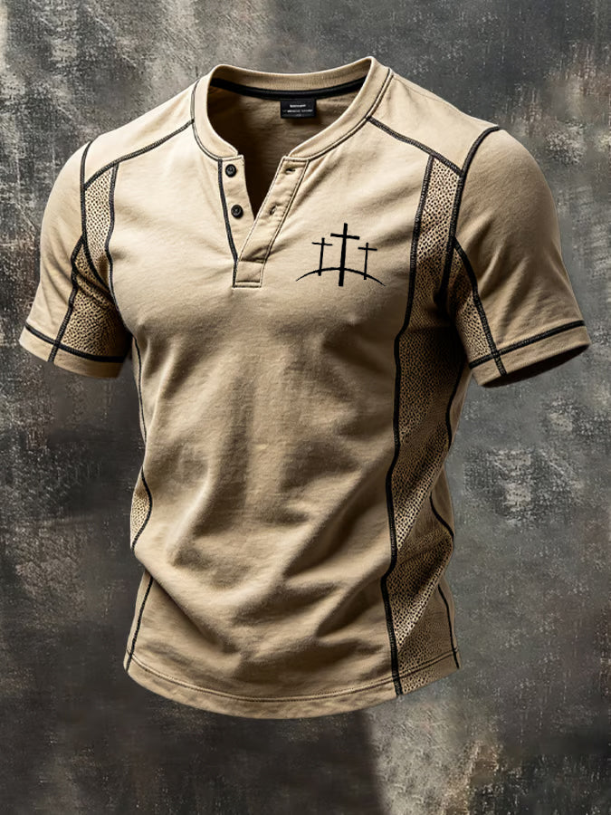 Men's Faith Casual Washed Spliced Cotton and Linen Henry Button Top