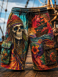 Men's Hippie Pirates Art Print Drawstring Waist Casual Shorts