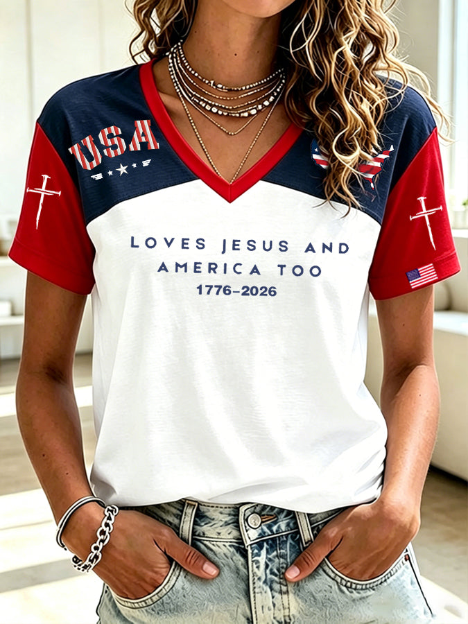 Women'S Loves Jesus And America Too1776-2026 American Flag T-Shirt