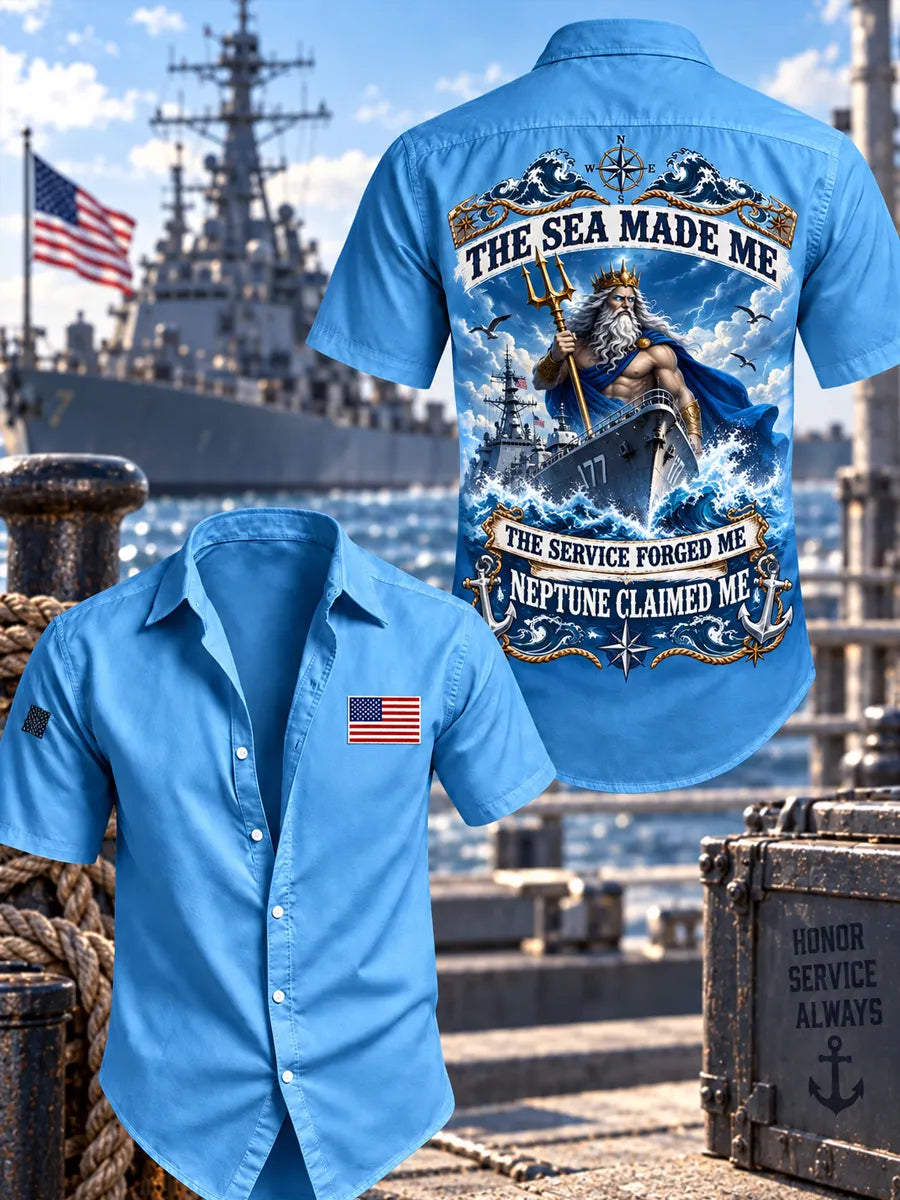 Men’s Veteran “THE SEA MADE ME THE SERVICE FORGED ME NEPTUNE CLAIMED ME ” Printed Short Sleeve Shirt