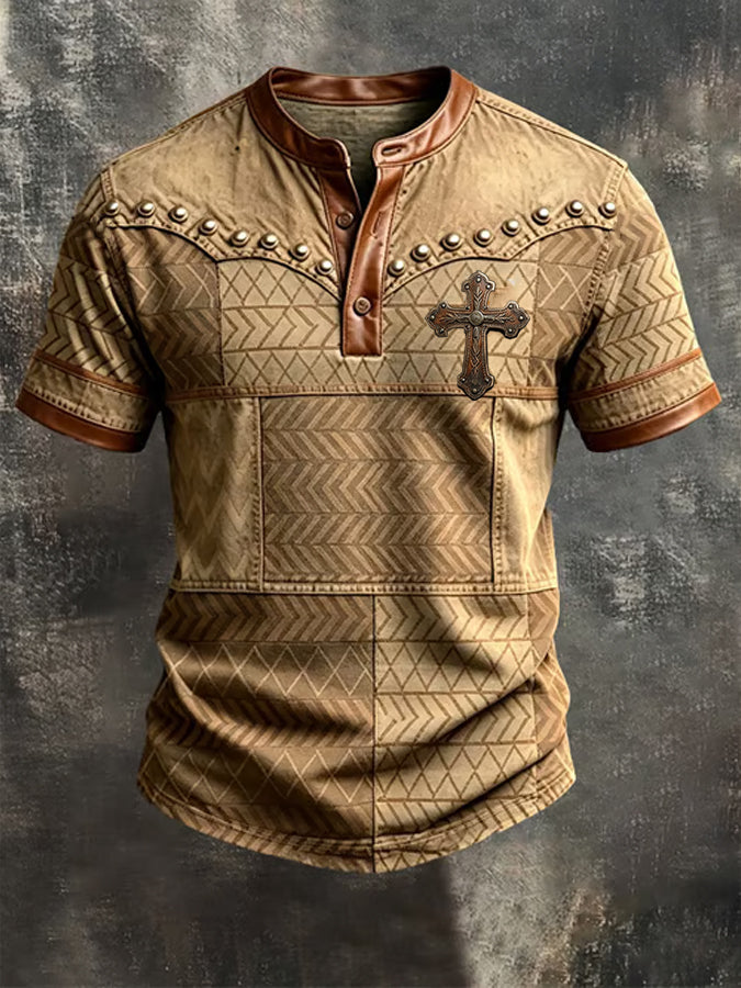 Men's Cross Print Henley T Shirt