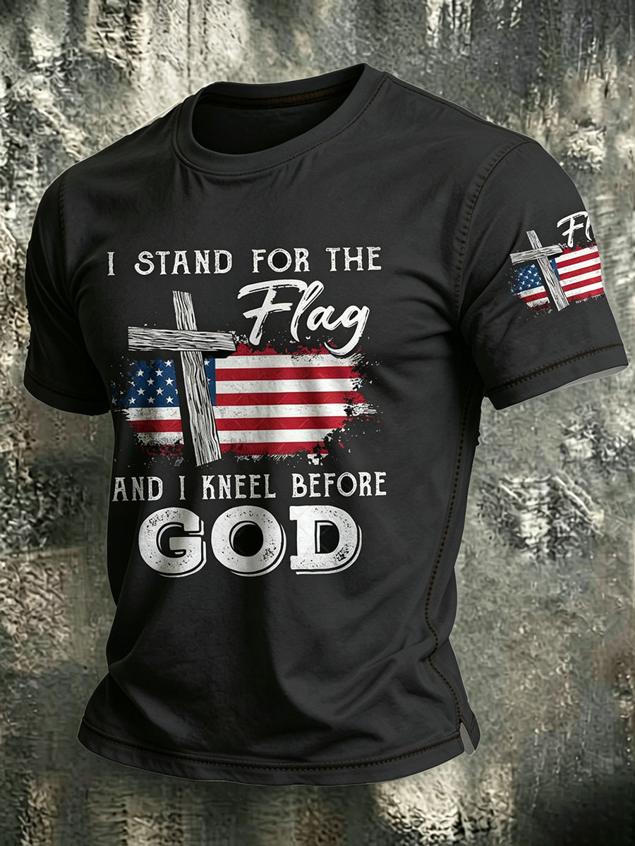 American Faith Cross Slogan Commemorative Print Round Neck T-Shirt