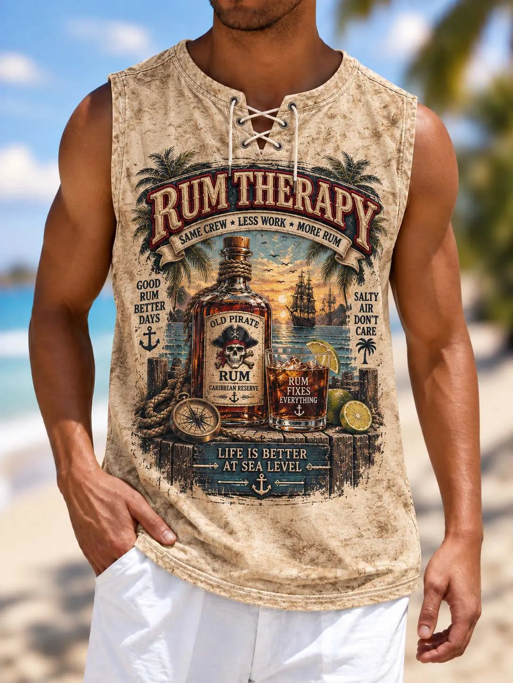 🥃 Rum Therapy: Rum Fixes Everything Pirate Beach Sunset Sleeveless Shirt