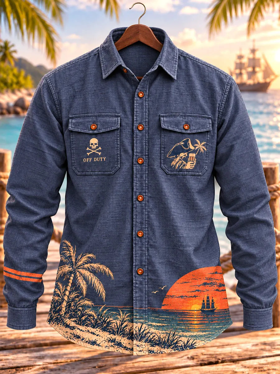 Men's Vintage Pirate Sunset Palm Tree Print Long Sleeve Shirt