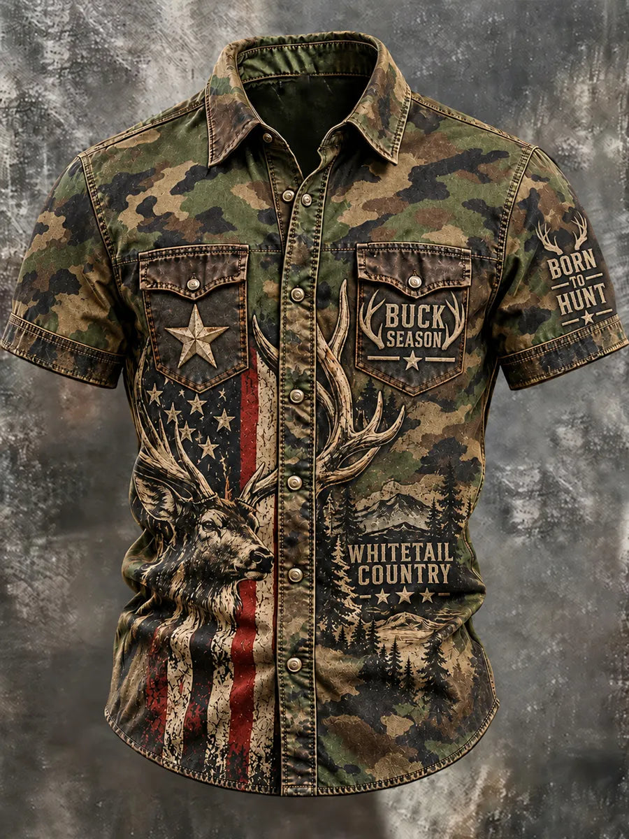 Men’s Retro Hunting Season Art Print Casual Shirt