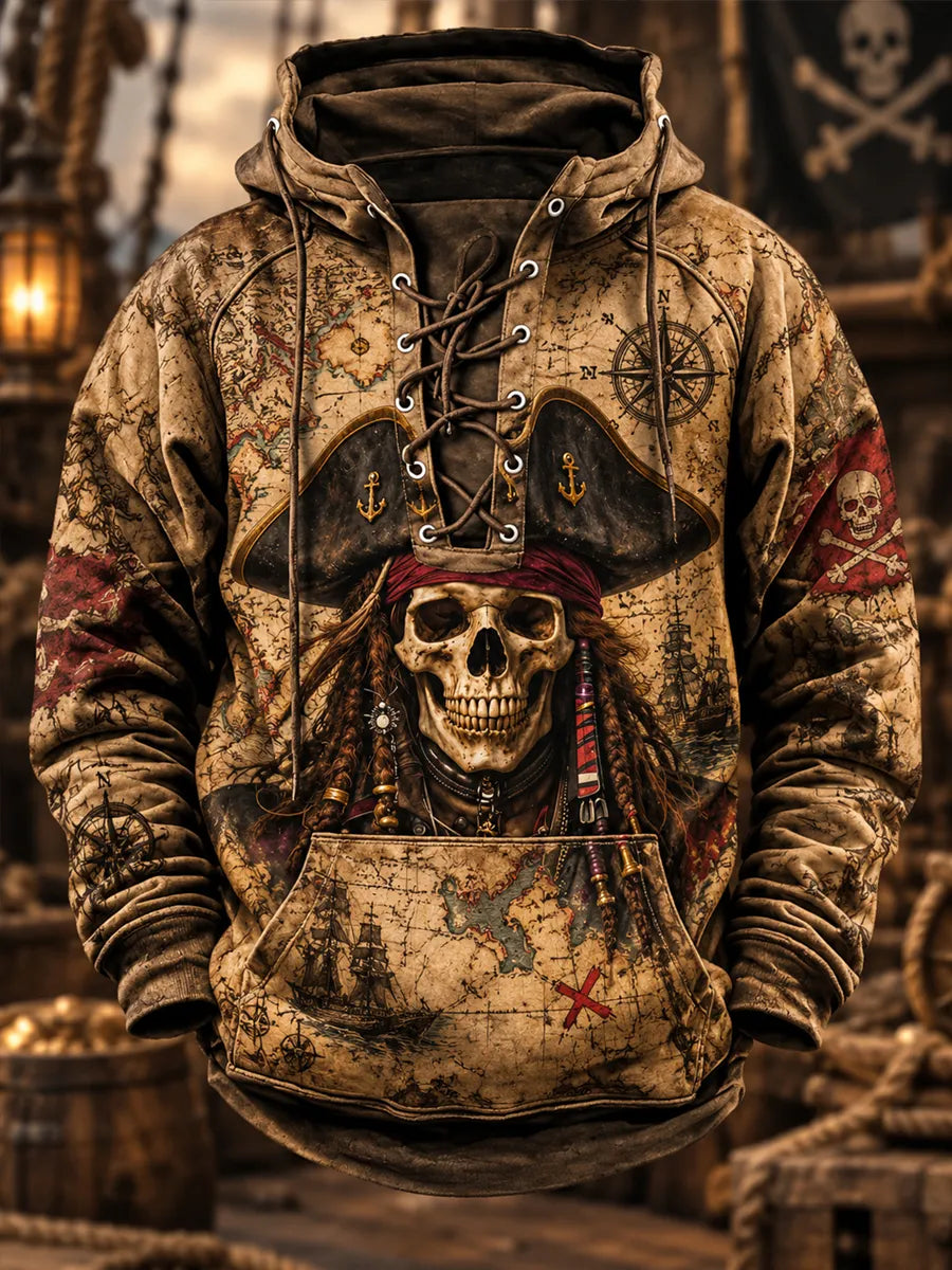 Men's Vintage Pirate Skull Art Print Casual Hoodie