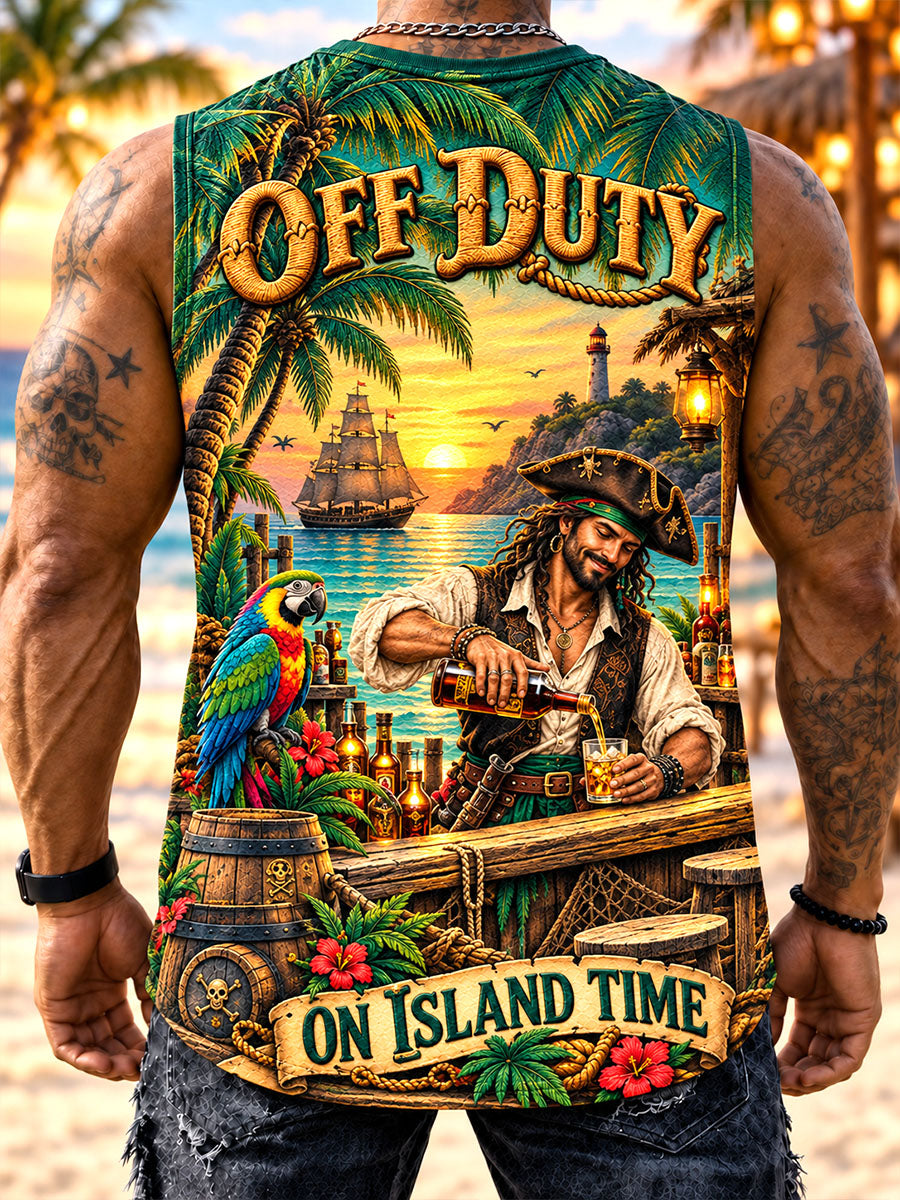 Men’s “Off Duty” Pirate, Parrot & Tropical Island Print Sleeveless Tank Top