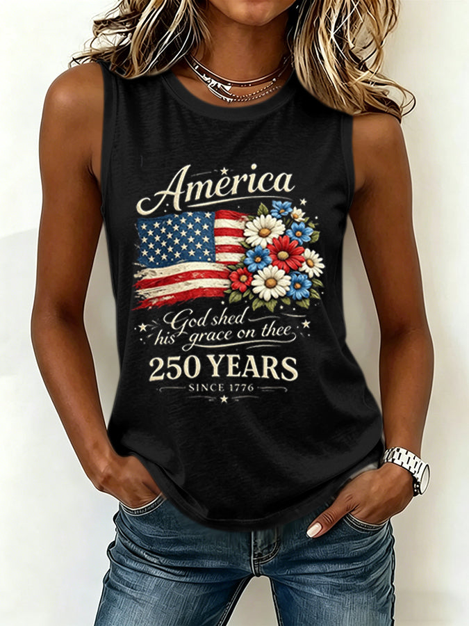 Women's America 250 Years Flag Floral Printed Tank Top