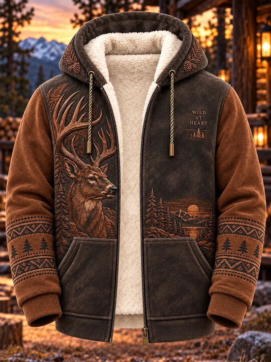 Mountain Forest Buck Vintage Hunting Sherpa-Lined Hoodie