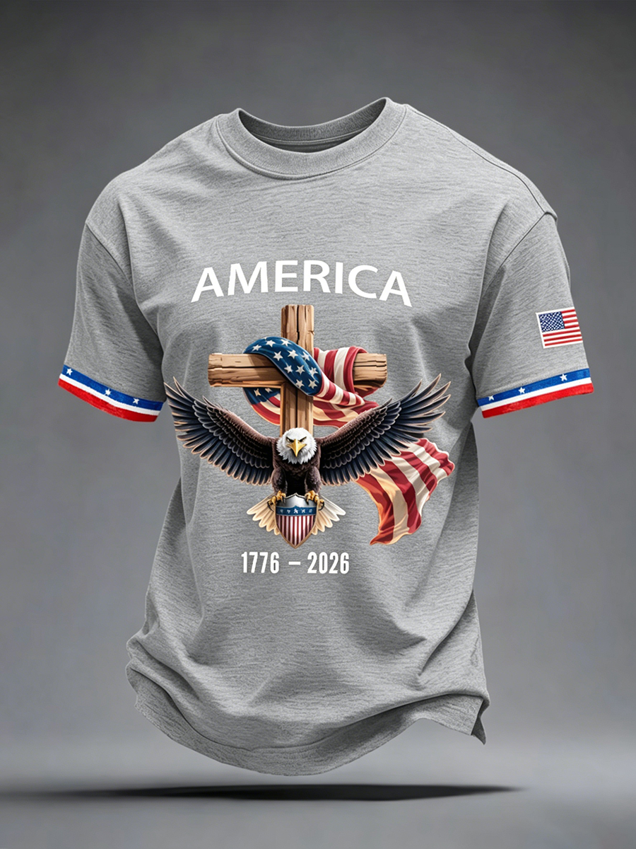American Flag Commemorative Eagle Cross Printed Round Neck T-Shirt