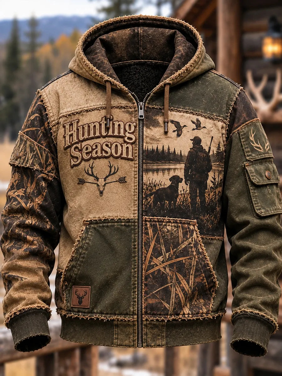 Men's Retro Hunting Culture Print Casual Full-Zip Hoodie