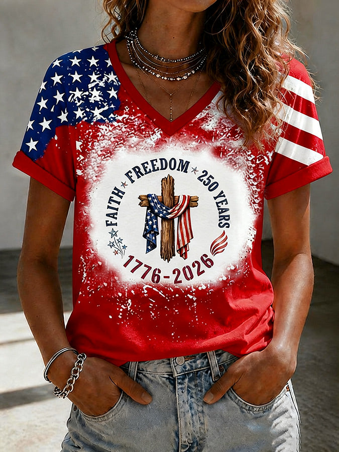 Women'S America Flag Print Casual V-Neck T-Shirt