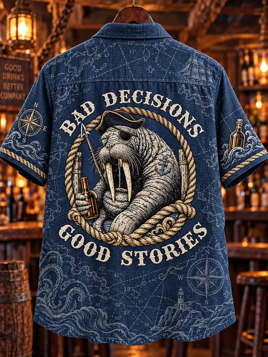 🍺"Bad Decisions Good Stories" Pirate Walrus Denim Shirt🦭