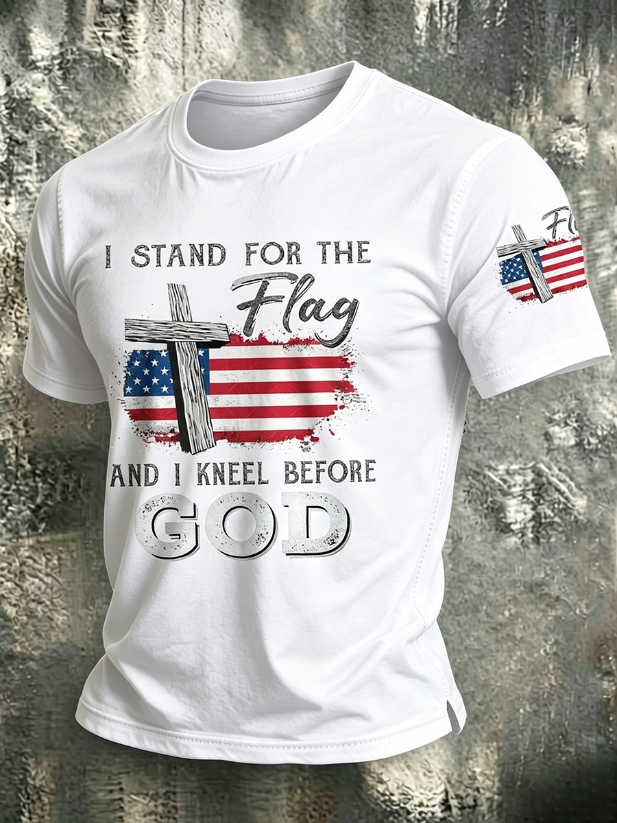American Faith Cross Slogan Commemorative Print Round Neck T-Shirt