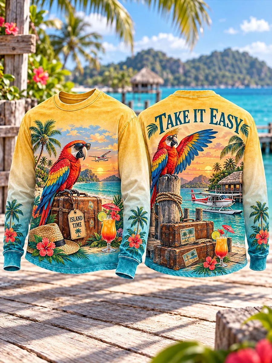 Men’s “Take It Easy” Macaw & Seaplane Print Long-Sleeve Crewneck T-Shirt