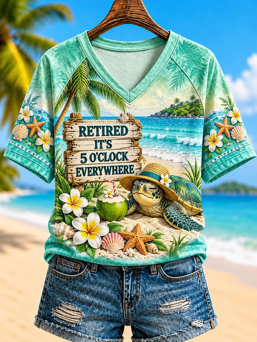 Women’s Retired Beach Sea Turtle Graphic V-Neck T-Shirt