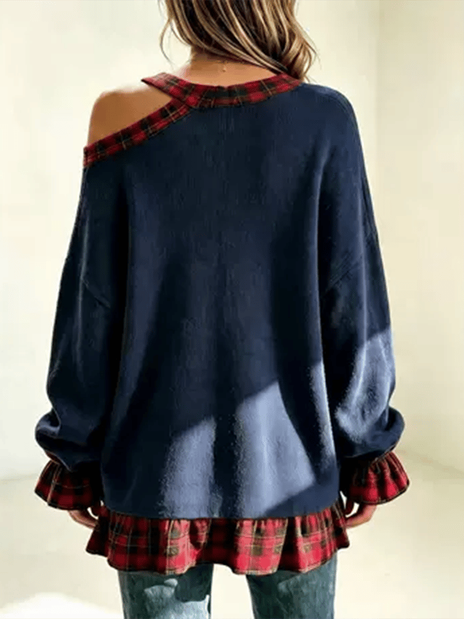 Women'S Asymmetric-Shoulder Plaid Color-Block Sweatshirt