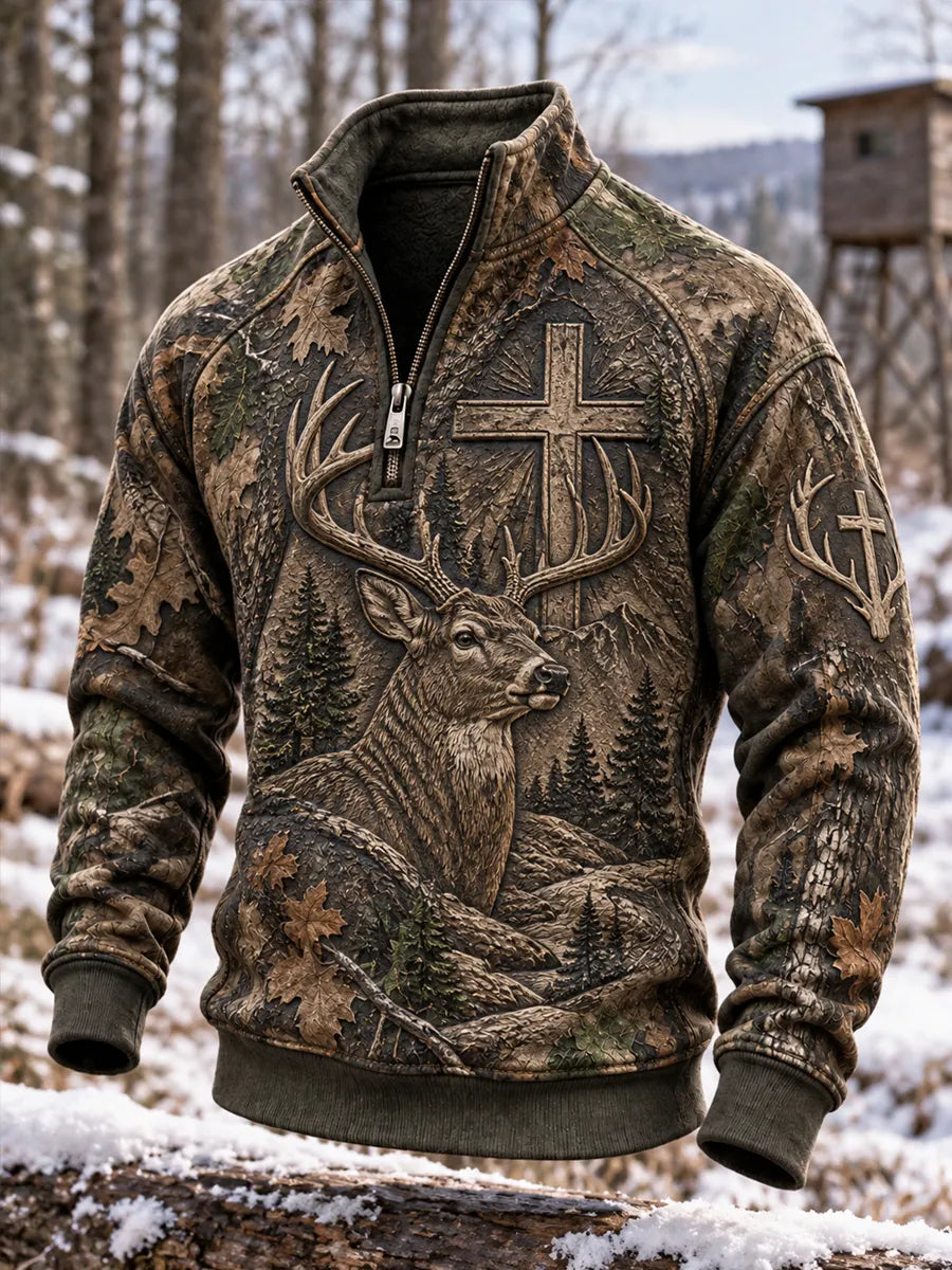Men's Retro Deer Hunting Print Casual Zip-Up Sweatshirt