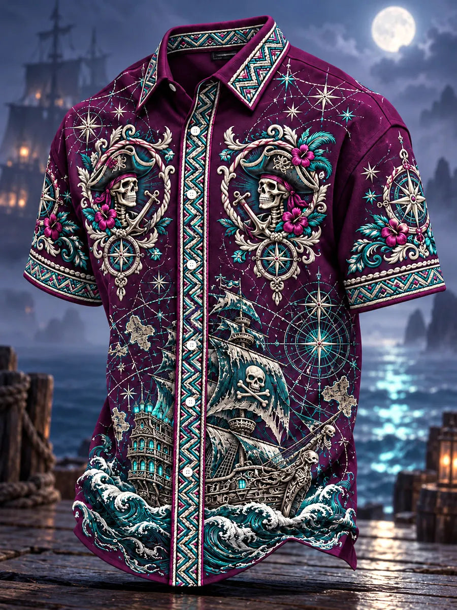 Ghost Pirate Ship Moonlit Nautical Short Sleeve Shirt