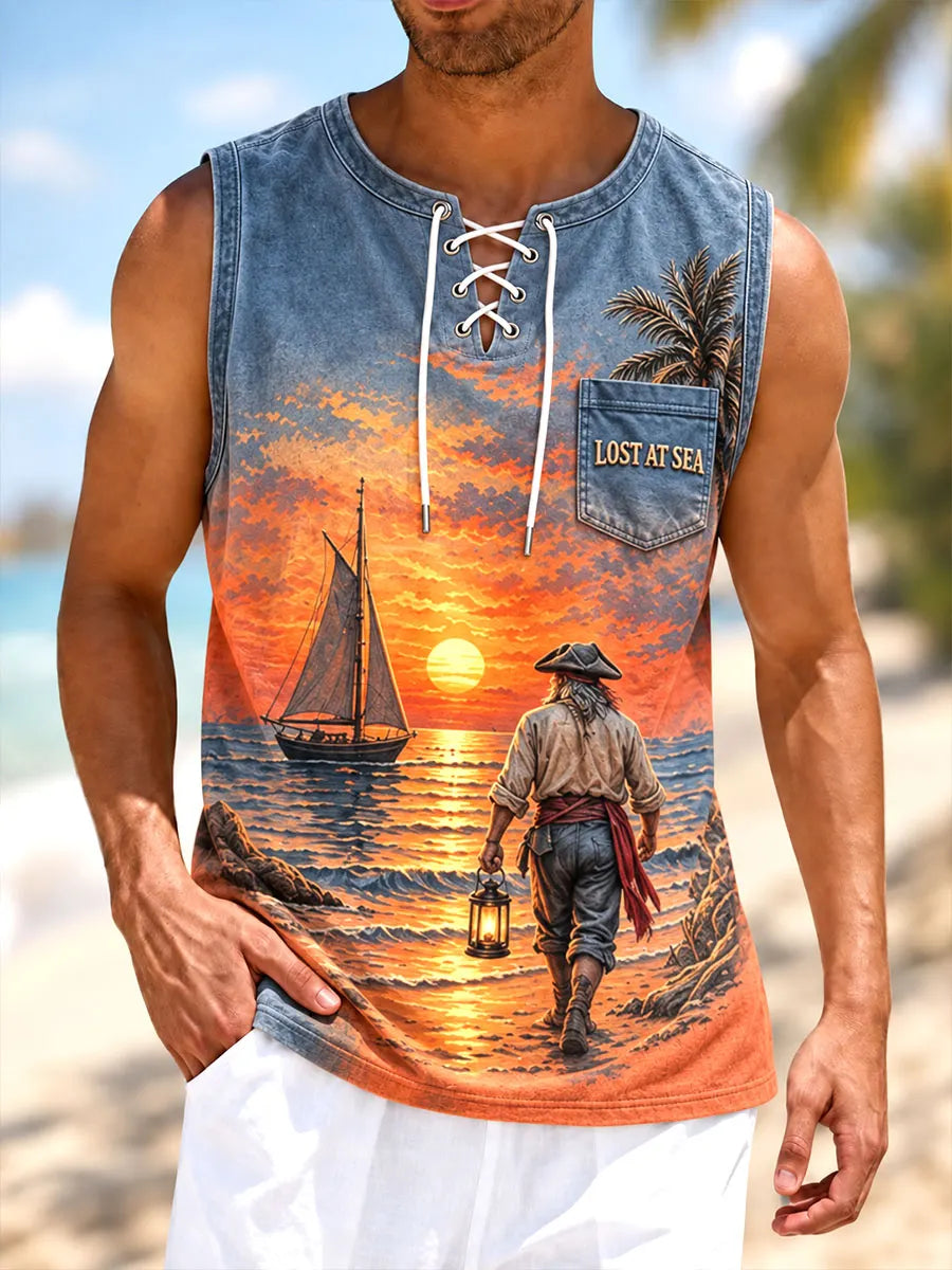 Lost at Sea, Found at the Bar Pirate Sunset Lace-Up Sleeveless Tank Top