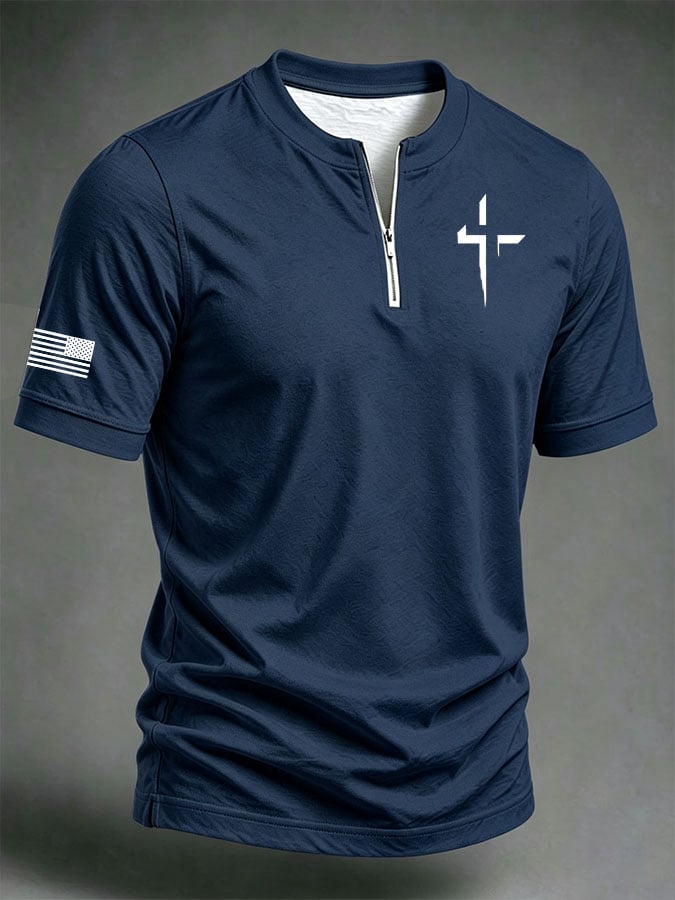 Men's Casual Printed Stand Collar Zip-Up Henley Shirt
