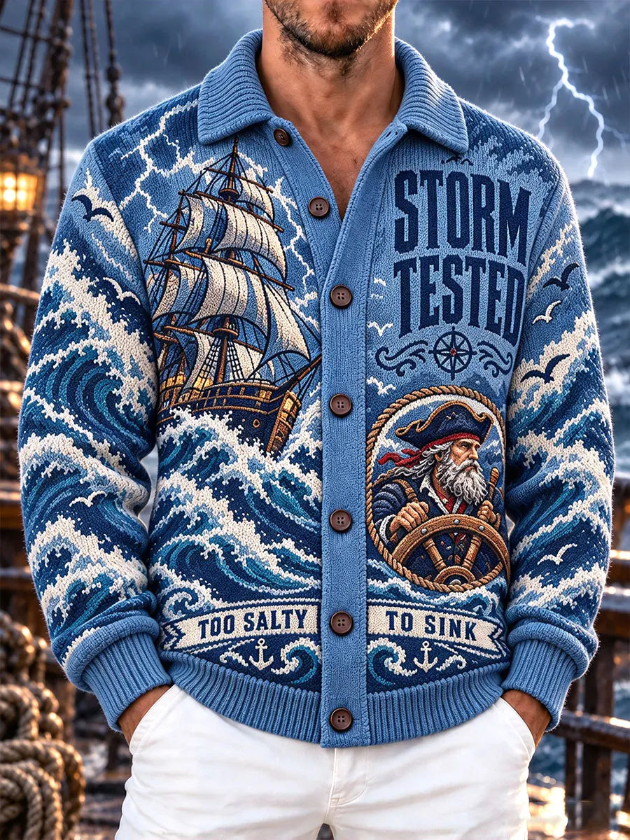 Storm Tested Pirate Ship & Waves Men's Nautical Knit Cardigan
