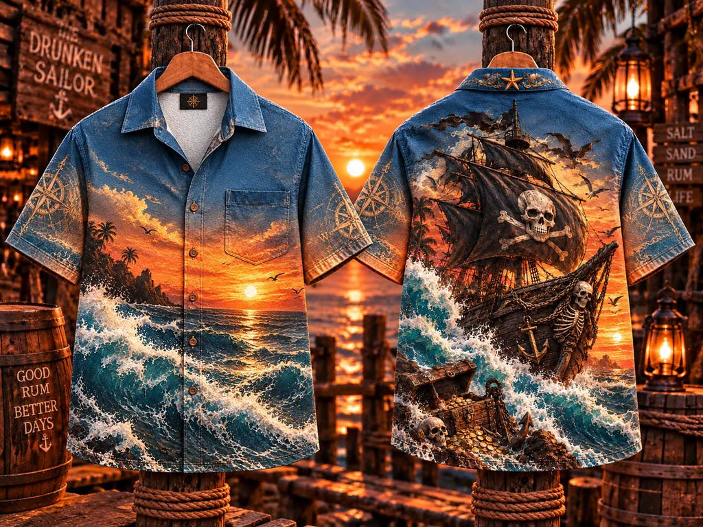 🏴‍☠️ Pirate Ship Skeleton and Treasure Chest Hawaiian Shirt